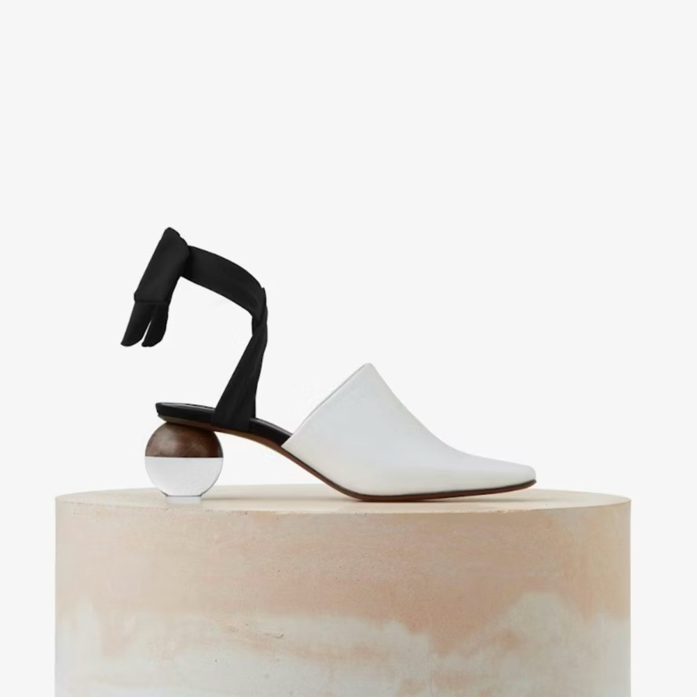 Neous White Brought Leather Mule with Clear Ball Heel and Black Ankle Ties